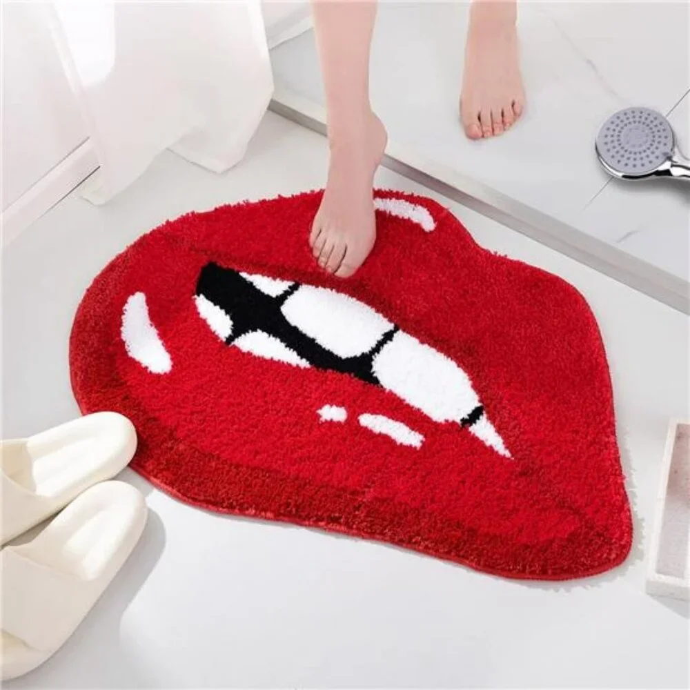 Red lips bathroom rug funny bath mat non slip absorbent washable plush shower ru
